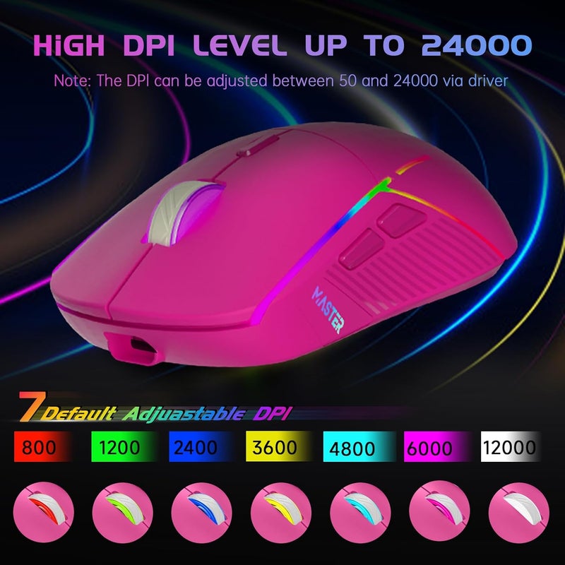 FFJ Wireless Gaming Mouse, 24000 DPI, Tri-Mode 2.4G/USB-C/Bluetooth 5.3 Gaming Mouse Wireless, RGB Programmable Mouse Gamer, 75Hrs Battery Life, Rechargeable Gaming Mice for PC, Mac, PS5, Xbox-Magenta - Image 3